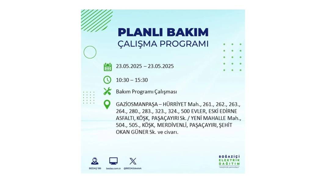 SAATLERCE ELEKTRİK OLMAYACAK: BEDAŞ 23 Mayıs Cuma günü o ilçelerde elektrik kesintisi yaşanacağını duyurdu! 19
