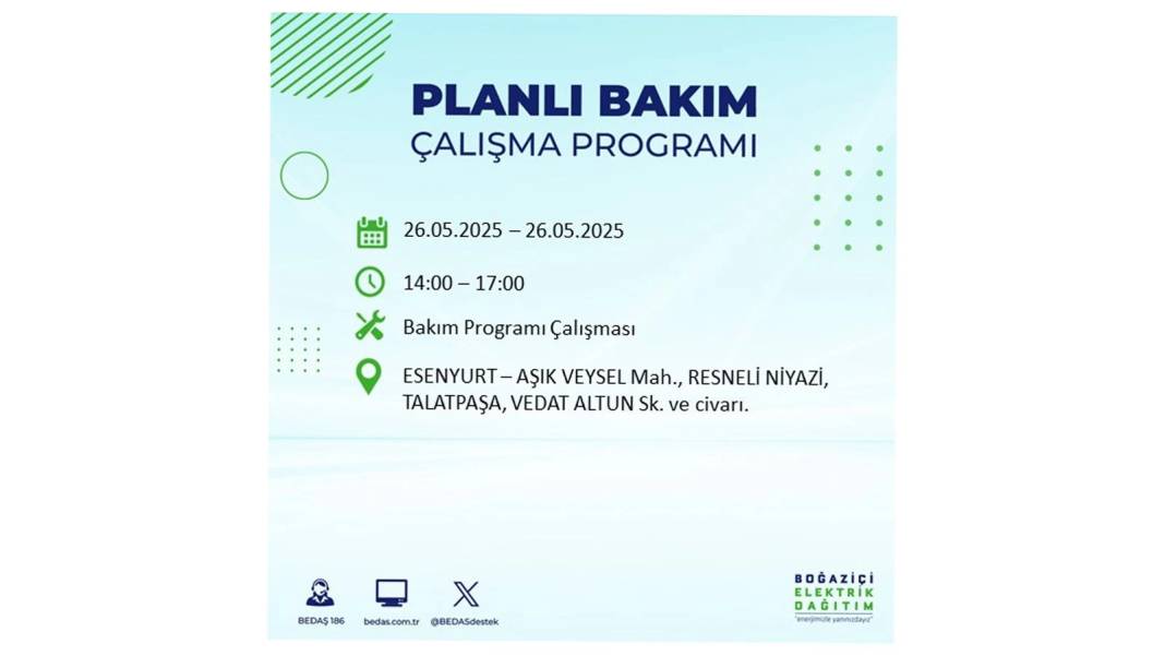 BÜYÜK ELEKTRİK KESİNTİSİ YAŞANACAK: BEDAŞ 26 Mayıs Pazartesi günü elektrik kesintisi yaşayacak ilçeleri sıraladı! 27