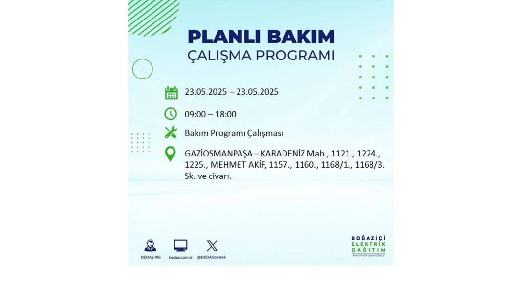 SAATLERCE ELEKTRİK OLMAYACAK: BEDAŞ 23 Mayıs Cuma günü o ilçelerde elektrik kesintisi yaşanacağını duyurdu! 18