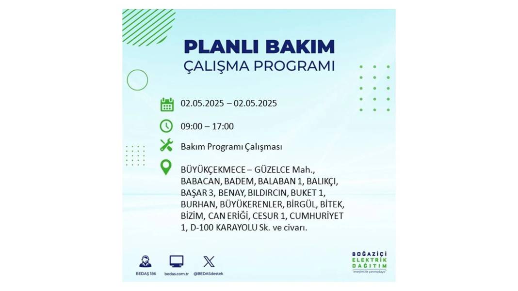 SAATLERCE ELEKTRİK OLMAYACAK: 2 Mayıs Cuma İstanbul elektrik kesintisi. BEDAŞ o ilçeleri sıraladı 55