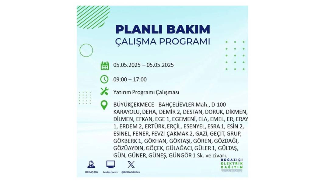 BÜYÜK ELEKTRİK KESİNTİSİ YAŞANACAK: BEDAŞ 5 Mayıs Pazartesi elektrik kesintisi yaşayacak ilçeleri sıraladı! 67