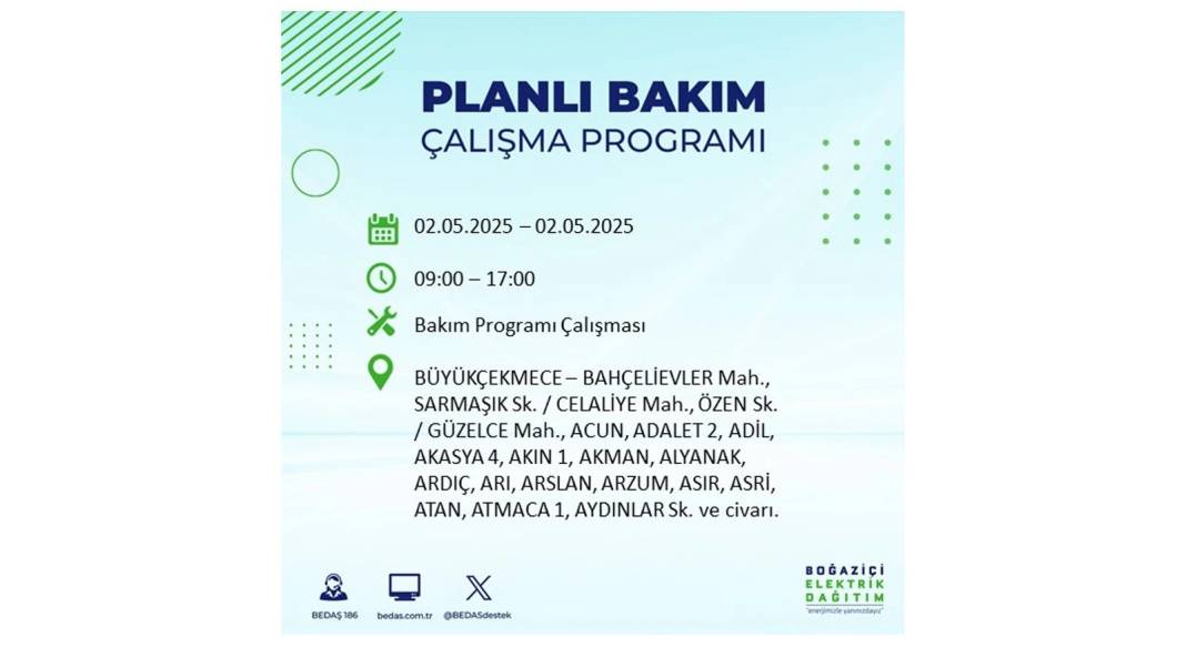 SAATLERCE ELEKTRİK OLMAYACAK: 2 Mayıs Cuma İstanbul elektrik kesintisi. BEDAŞ o ilçeleri sıraladı 54