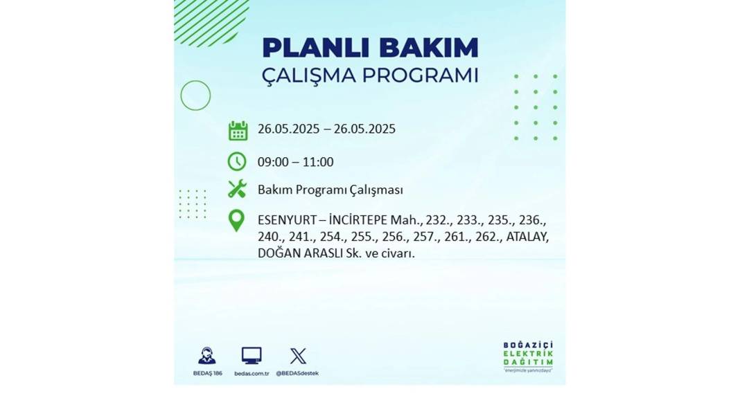 BÜYÜK ELEKTRİK KESİNTİSİ YAŞANACAK: BEDAŞ 26 Mayıs Pazartesi günü elektrik kesintisi yaşayacak ilçeleri sıraladı! 25