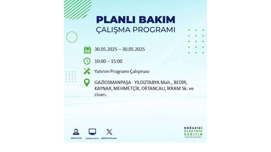 ELEKTRİKLER SAATLERCE OLMAYACAK: BEDAŞ 30 Mayıs Cuma günü elektrik kesintisi yaşayacak ilçeleri sıraladı 29