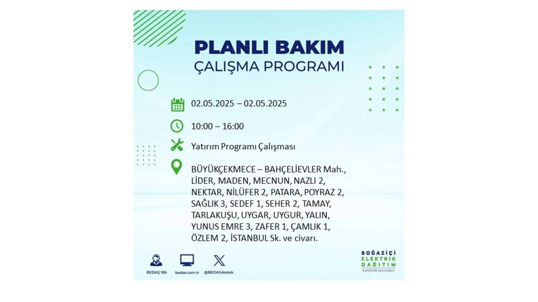 SAATLERCE ELEKTRİK OLMAYACAK: 2 Mayıs Cuma İstanbul elektrik kesintisi. BEDAŞ o ilçeleri sıraladı 52