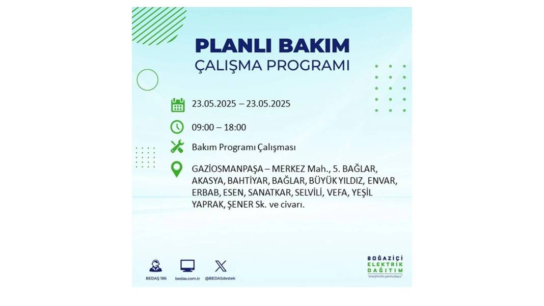SAATLERCE ELEKTRİK OLMAYACAK: BEDAŞ 23 Mayıs Cuma günü o ilçelerde elektrik kesintisi yaşanacağını duyurdu! 15