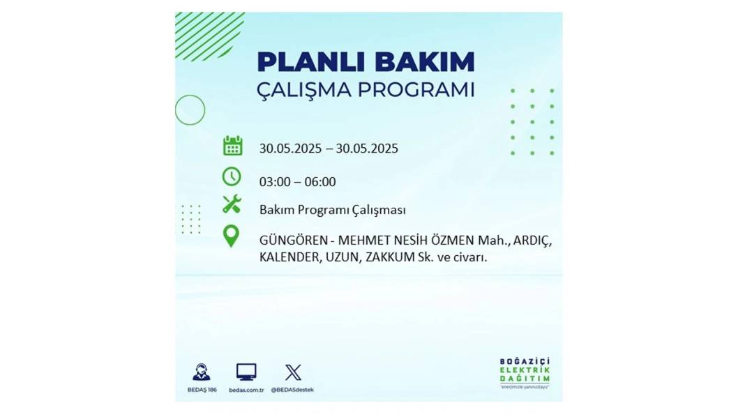 ELEKTRİKLER SAATLERCE OLMAYACAK: BEDAŞ 30 Mayıs Cuma günü elektrik kesintisi yaşayacak ilçeleri sıraladı 31