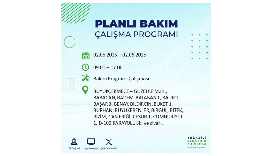 SAATLERCE ELEKTRİK OLMAYACAK: 2 Mayıs Cuma İstanbul elektrik kesintisi. BEDAŞ o ilçeleri sıraladı 50
