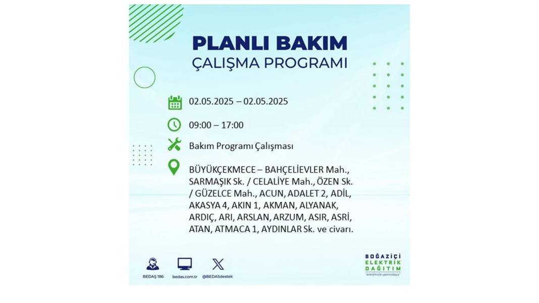 SAATLERCE ELEKTRİK OLMAYACAK: 2 Mayıs Cuma İstanbul elektrik kesintisi. BEDAŞ o ilçeleri sıraladı 47
