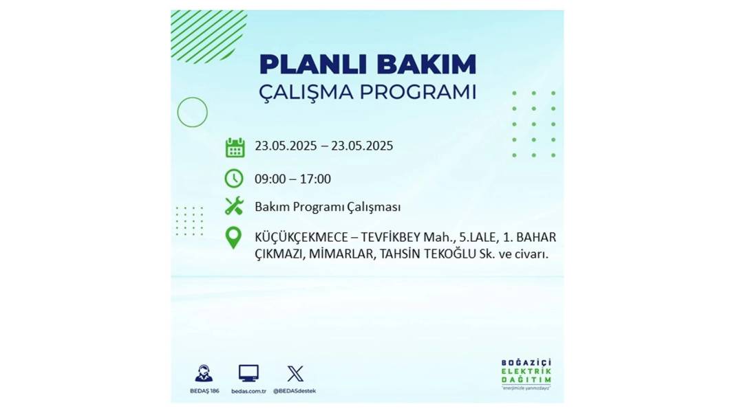 SAATLERCE ELEKTRİK OLMAYACAK: BEDAŞ 23 Mayıs Cuma günü o ilçelerde elektrik kesintisi yaşanacağını duyurdu! 10