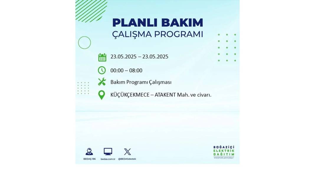 SAATLERCE ELEKTRİK OLMAYACAK: BEDAŞ 23 Mayıs Cuma günü o ilçelerde elektrik kesintisi yaşanacağını duyurdu! 12