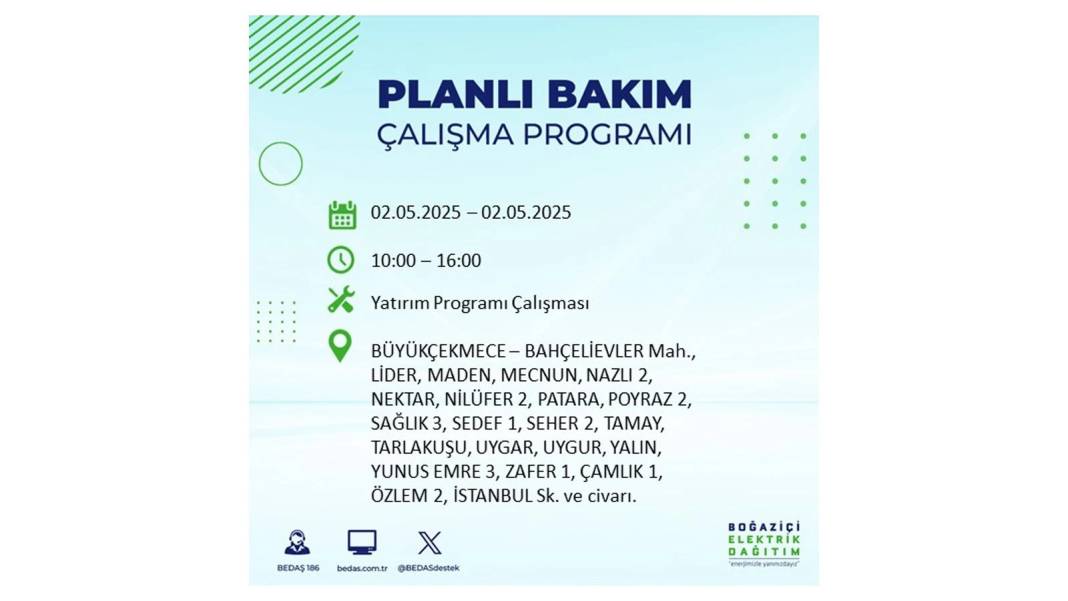 SAATLERCE ELEKTRİK OLMAYACAK: 2 Mayıs Cuma İstanbul elektrik kesintisi. BEDAŞ o ilçeleri sıraladı 48
