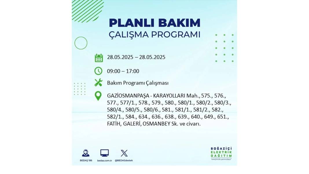 SAATLERCE ELEKTRİK OLMAYACAK: BEDAŞ 28 Mayıs Çarşamba elektrik kesintisi yaşayacak ilçeleri sıraladı 33