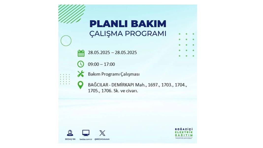 SAATLERCE ELEKTRİK OLMAYACAK: BEDAŞ 28 Mayıs Çarşamba elektrik kesintisi yaşayacak ilçeleri sıraladı 76