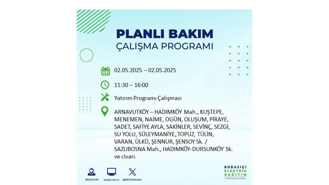 SAATLERCE ELEKTRİK OLMAYACAK: 2 Mayıs Cuma İstanbul elektrik kesintisi. BEDAŞ o ilçeleri sıraladı 92