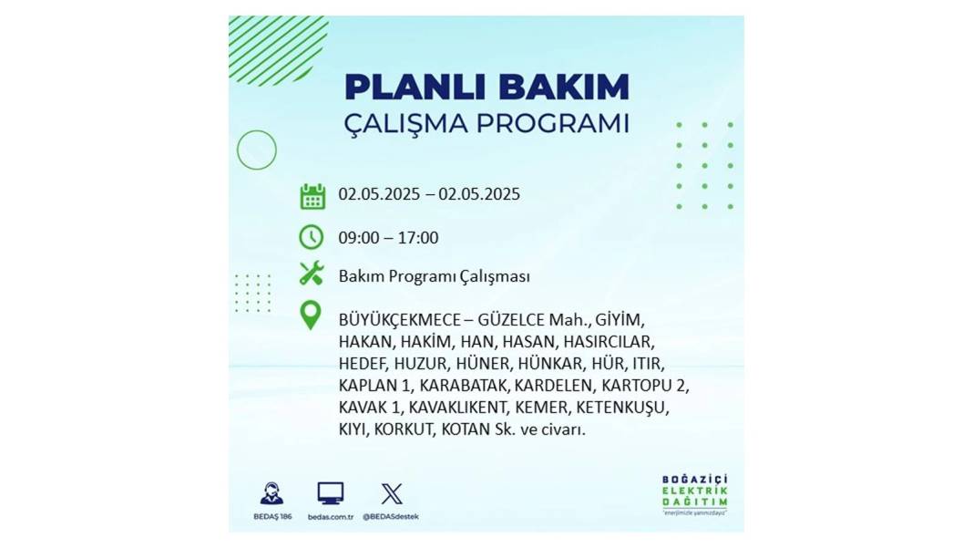 SAATLERCE ELEKTRİK OLMAYACAK: 2 Mayıs Cuma İstanbul elektrik kesintisi. BEDAŞ o ilçeleri sıraladı 46