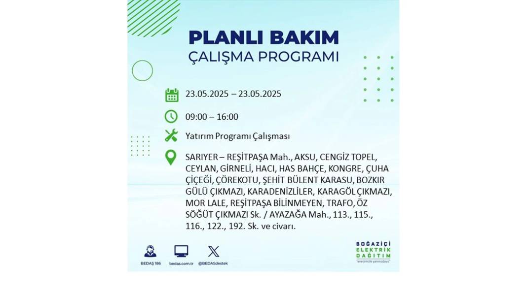 SAATLERCE ELEKTRİK OLMAYACAK: BEDAŞ 23 Mayıs Cuma günü o ilçelerde elektrik kesintisi yaşanacağını duyurdu! 9