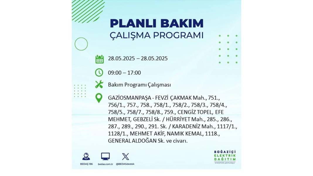 SAATLERCE ELEKTRİK OLMAYACAK: BEDAŞ 28 Mayıs Çarşamba elektrik kesintisi yaşayacak ilçeleri sıraladı 29