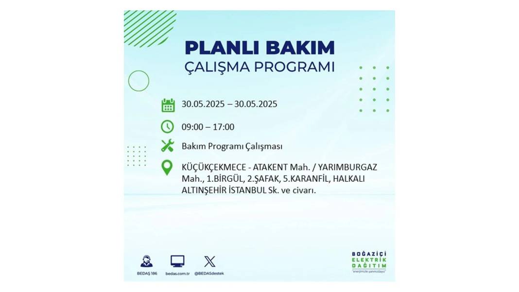 ELEKTRİKLER SAATLERCE OLMAYACAK: BEDAŞ 30 Mayıs Cuma günü elektrik kesintisi yaşayacak ilçeleri sıraladı 21
