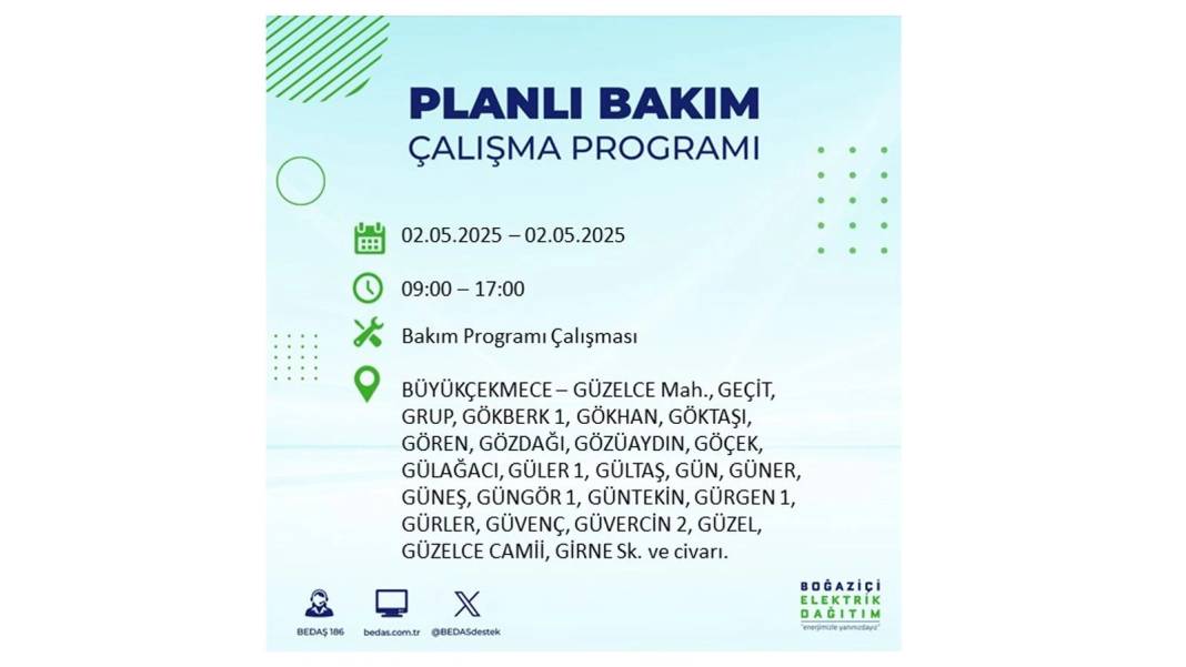 SAATLERCE ELEKTRİK OLMAYACAK: 2 Mayıs Cuma İstanbul elektrik kesintisi. BEDAŞ o ilçeleri sıraladı 45
