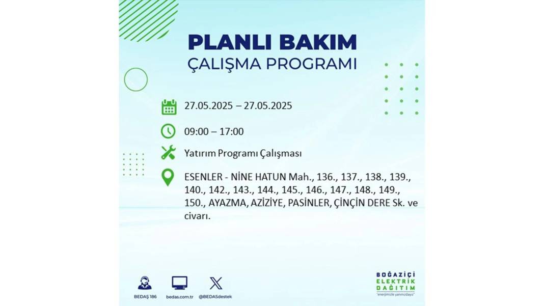 SAATLERCE ELEKTRİK OLMAYACAK: BEDAŞ 27 Mayıs Salı elektrik kesintisi yaşayacak ilçeleri uyardı! 42