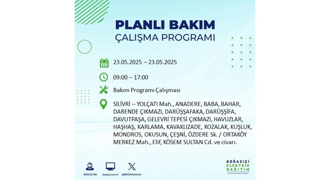 SAATLERCE ELEKTRİK OLMAYACAK: BEDAŞ 23 Mayıs Cuma günü o ilçelerde elektrik kesintisi yaşanacağını duyurdu! 6