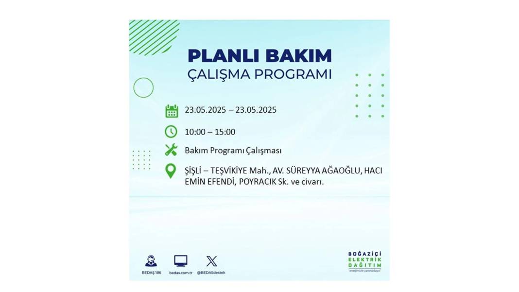 SAATLERCE ELEKTRİK OLMAYACAK: BEDAŞ 23 Mayıs Cuma günü o ilçelerde elektrik kesintisi yaşanacağını duyurdu! 8
