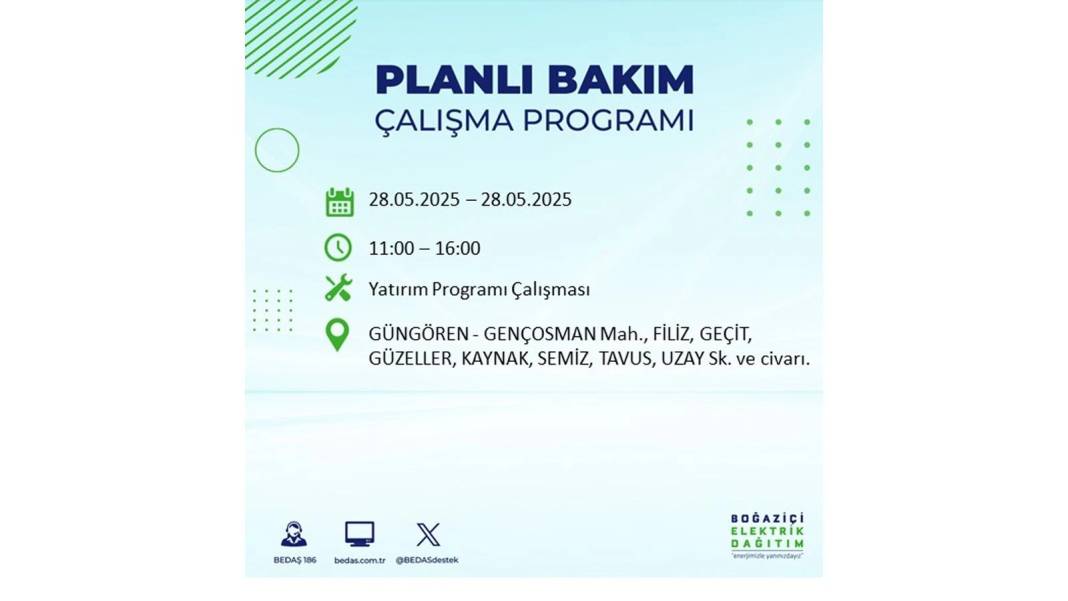 SAATLERCE ELEKTRİK OLMAYACAK: BEDAŞ 28 Mayıs Çarşamba elektrik kesintisi yaşayacak ilçeleri sıraladı 26