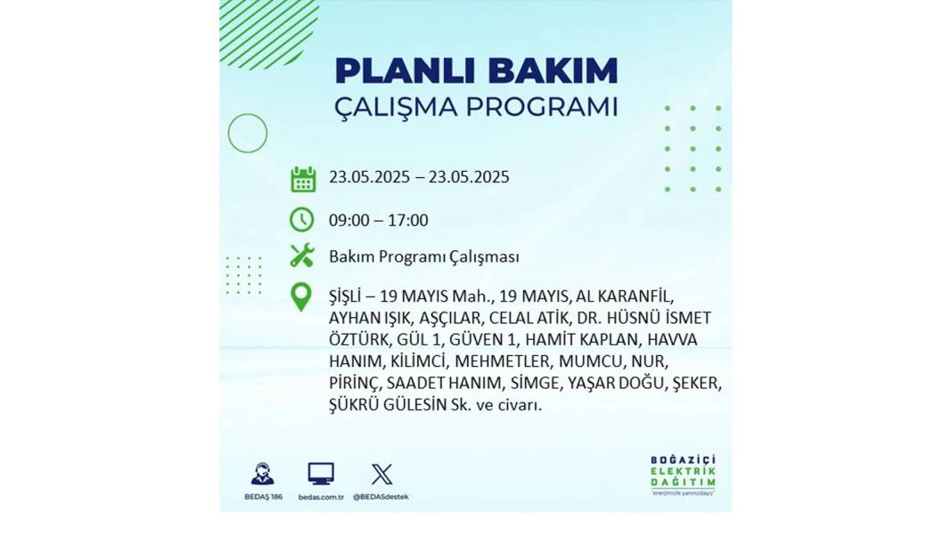 SAATLERCE ELEKTRİK OLMAYACAK: BEDAŞ 23 Mayıs Cuma günü o ilçelerde elektrik kesintisi yaşanacağını duyurdu! 5
