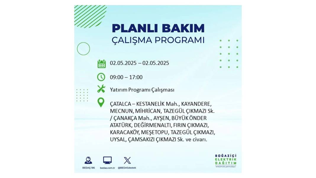 SAATLERCE ELEKTRİK OLMAYACAK: 2 Mayıs Cuma İstanbul elektrik kesintisi. BEDAŞ o ilçeleri sıraladı 41