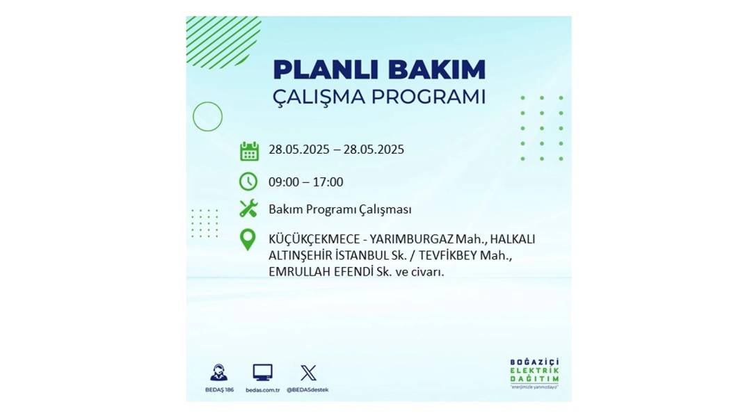 SAATLERCE ELEKTRİK OLMAYACAK: BEDAŞ 28 Mayıs Çarşamba elektrik kesintisi yaşayacak ilçeleri sıraladı 24