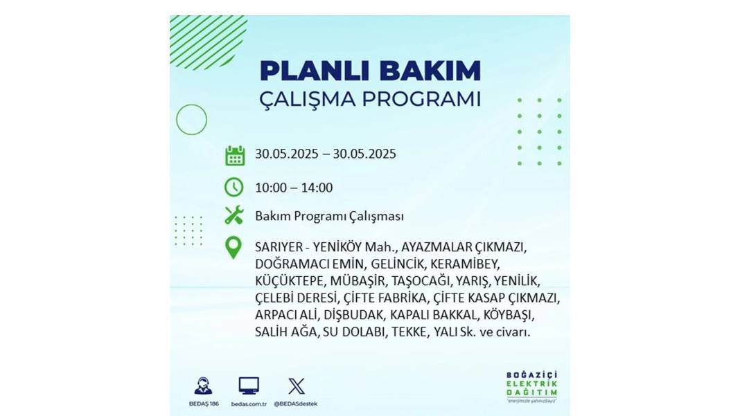 ELEKTRİKLER SAATLERCE OLMAYACAK: BEDAŞ 30 Mayıs Cuma günü elektrik kesintisi yaşayacak ilçeleri sıraladı 17