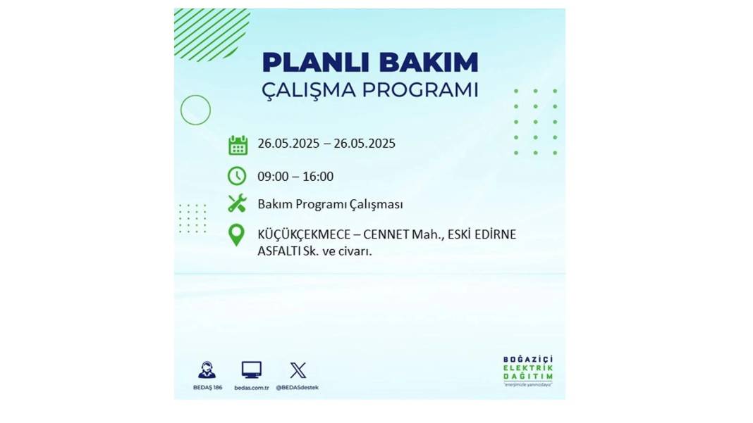 BÜYÜK ELEKTRİK KESİNTİSİ YAŞANACAK: BEDAŞ 26 Mayıs Pazartesi günü elektrik kesintisi yaşayacak ilçeleri sıraladı! 11