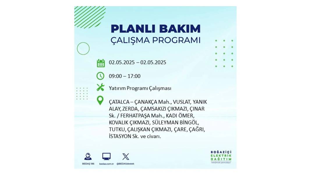 SAATLERCE ELEKTRİK OLMAYACAK: 2 Mayıs Cuma İstanbul elektrik kesintisi. BEDAŞ o ilçeleri sıraladı 36