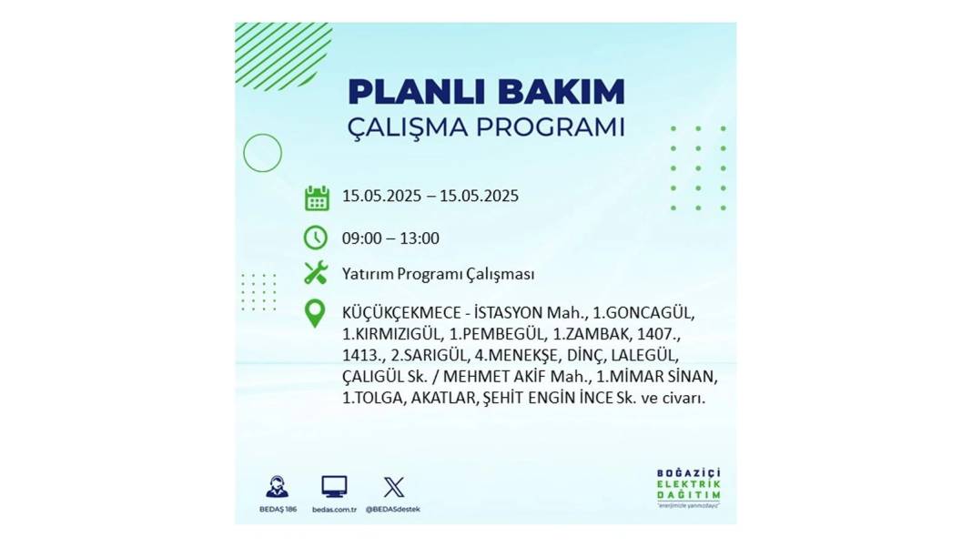 SAATLERCE ELEKTRİK OLMAYACAK: BEDAŞ 15 Mayıs Perşembe günü için o ilçeleri uyardı. Elektrikler ne zaman gelecek? 18