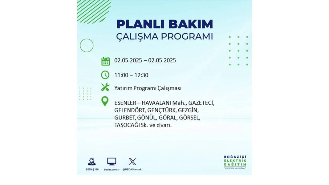 SAATLERCE ELEKTRİK OLMAYACAK: 2 Mayıs Cuma İstanbul elektrik kesintisi. BEDAŞ o ilçeleri sıraladı 37