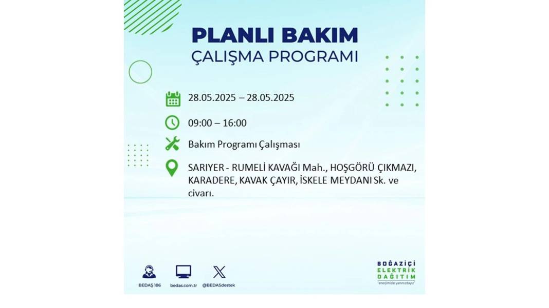 SAATLERCE ELEKTRİK OLMAYACAK: BEDAŞ 28 Mayıs Çarşamba elektrik kesintisi yaşayacak ilçeleri sıraladı 21