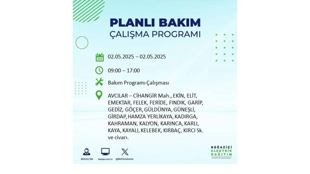 SAATLERCE ELEKTRİK OLMAYACAK: 2 Mayıs Cuma İstanbul elektrik kesintisi. BEDAŞ o ilçeleri sıraladı 88