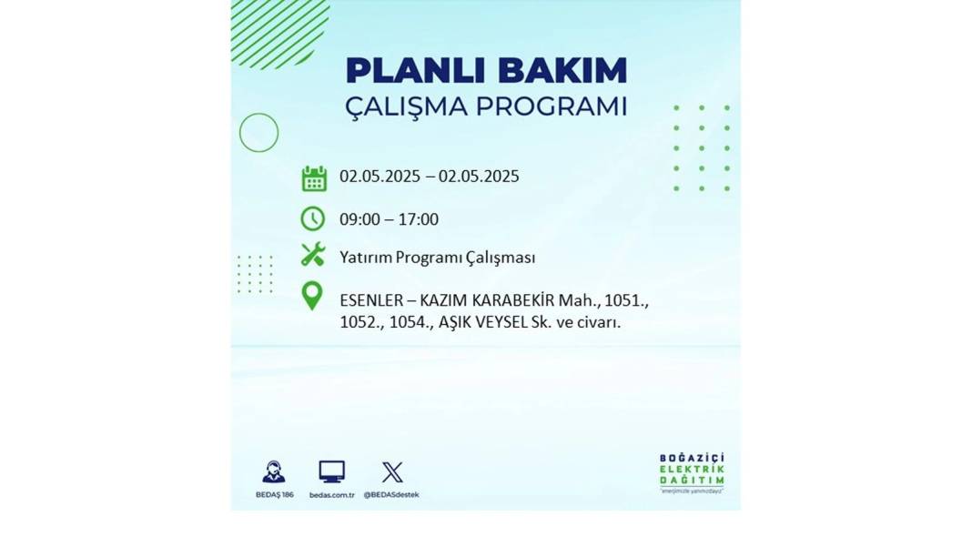SAATLERCE ELEKTRİK OLMAYACAK: 2 Mayıs Cuma İstanbul elektrik kesintisi. BEDAŞ o ilçeleri sıraladı 38