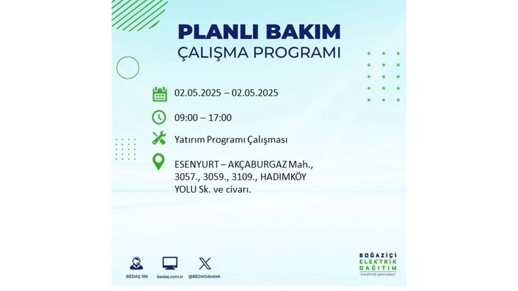 SAATLERCE ELEKTRİK OLMAYACAK: 2 Mayıs Cuma İstanbul elektrik kesintisi. BEDAŞ o ilçeleri sıraladı 34