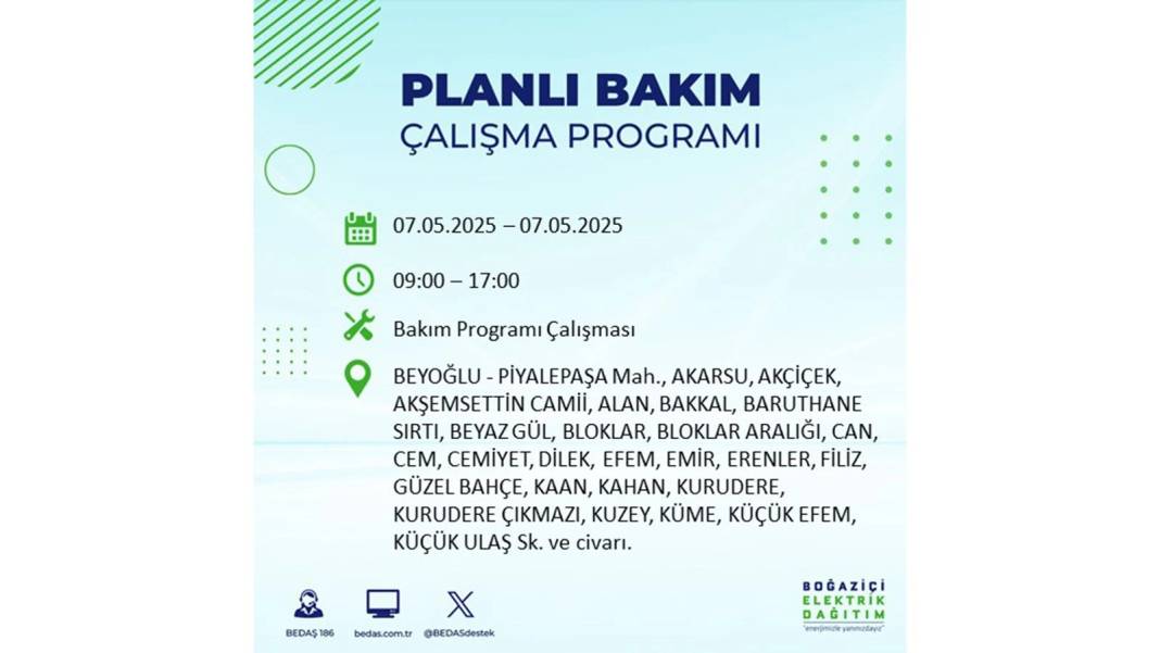 BÜYÜK ELEKTRİK KESİNTİSİ YAŞANACAK: BEDAŞ 7 Mayıs Çarşamba günü elektrik kesintisi yaşayacak ilçeleri sıraladı! 25