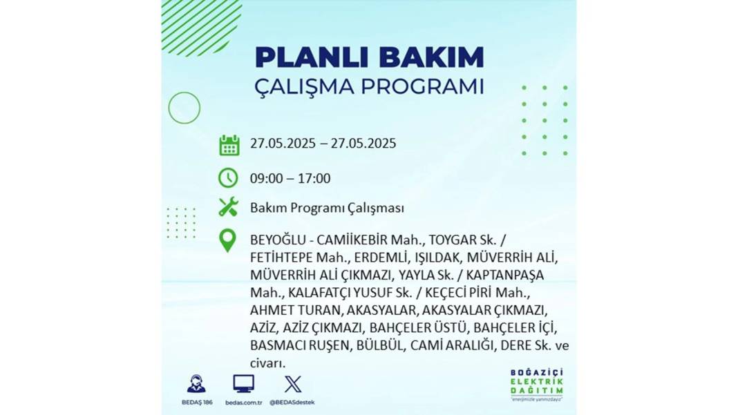 SAATLERCE ELEKTRİK OLMAYACAK: BEDAŞ 27 Mayıs Salı elektrik kesintisi yaşayacak ilçeleri uyardı! 30