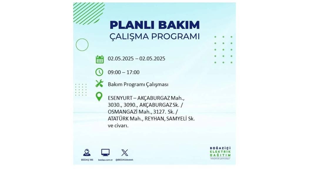 SAATLERCE ELEKTRİK OLMAYACAK: 2 Mayıs Cuma İstanbul elektrik kesintisi. BEDAŞ o ilçeleri sıraladı 30