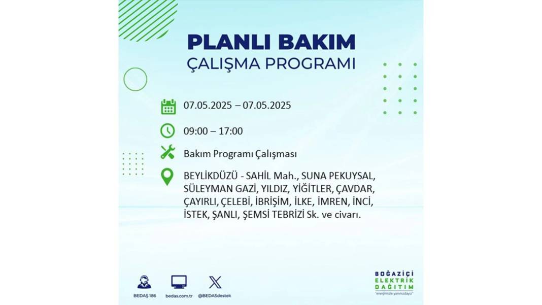 BÜYÜK ELEKTRİK KESİNTİSİ YAŞANACAK: BEDAŞ 7 Mayıs Çarşamba günü elektrik kesintisi yaşayacak ilçeleri sıraladı! 19