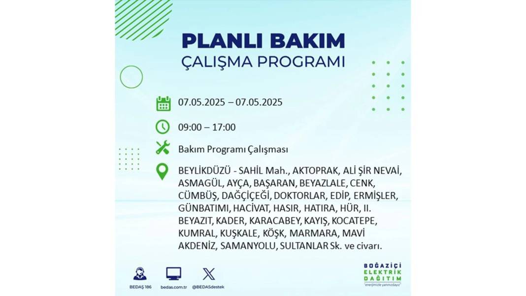 BÜYÜK ELEKTRİK KESİNTİSİ YAŞANACAK: BEDAŞ 7 Mayıs Çarşamba günü elektrik kesintisi yaşayacak ilçeleri sıraladı! 20