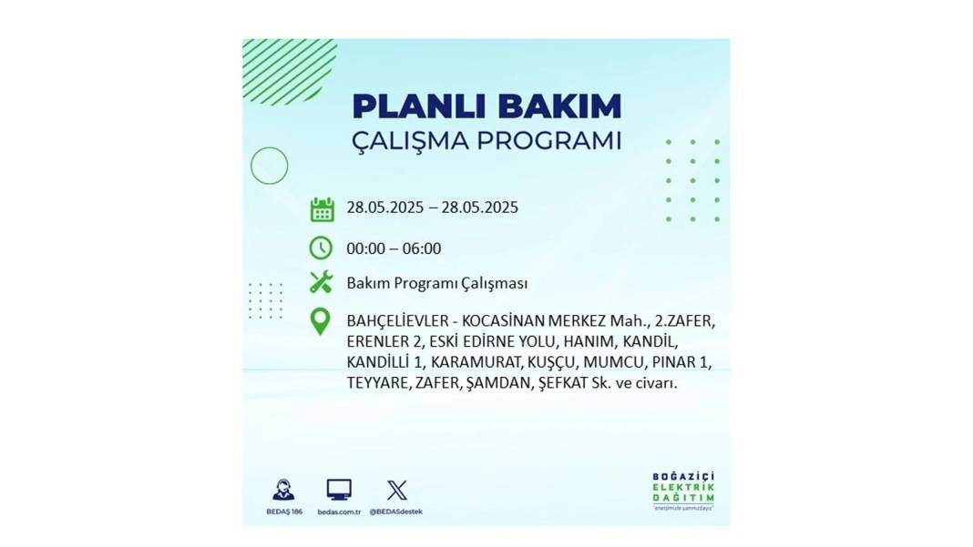 SAATLERCE ELEKTRİK OLMAYACAK: BEDAŞ 28 Mayıs Çarşamba elektrik kesintisi yaşayacak ilçeleri sıraladı 72