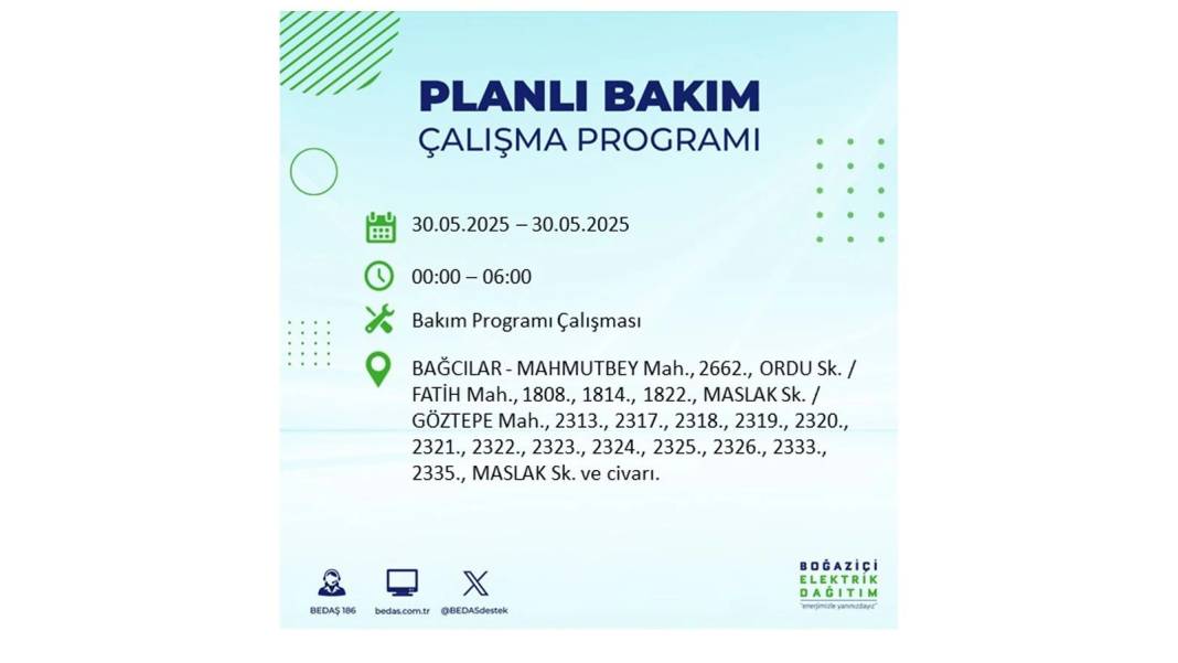 ELEKTRİKLER SAATLERCE OLMAYACAK: BEDAŞ 30 Mayıs Cuma günü elektrik kesintisi yaşayacak ilçeleri sıraladı 65
