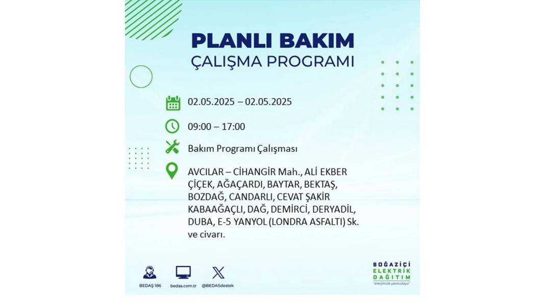 SAATLERCE ELEKTRİK OLMAYACAK: 2 Mayıs Cuma İstanbul elektrik kesintisi. BEDAŞ o ilçeleri sıraladı 86