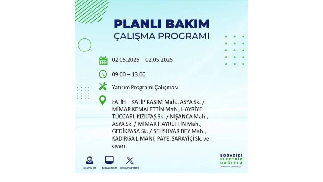 SAATLERCE ELEKTRİK OLMAYACAK: 2 Mayıs Cuma İstanbul elektrik kesintisi. BEDAŞ o ilçeleri sıraladı 25