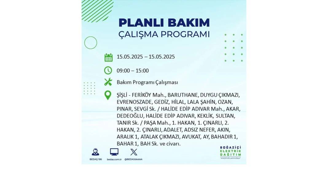 SAATLERCE ELEKTRİK OLMAYACAK: BEDAŞ 15 Mayıs Perşembe günü için o ilçeleri uyardı. Elektrikler ne zaman gelecek? 1